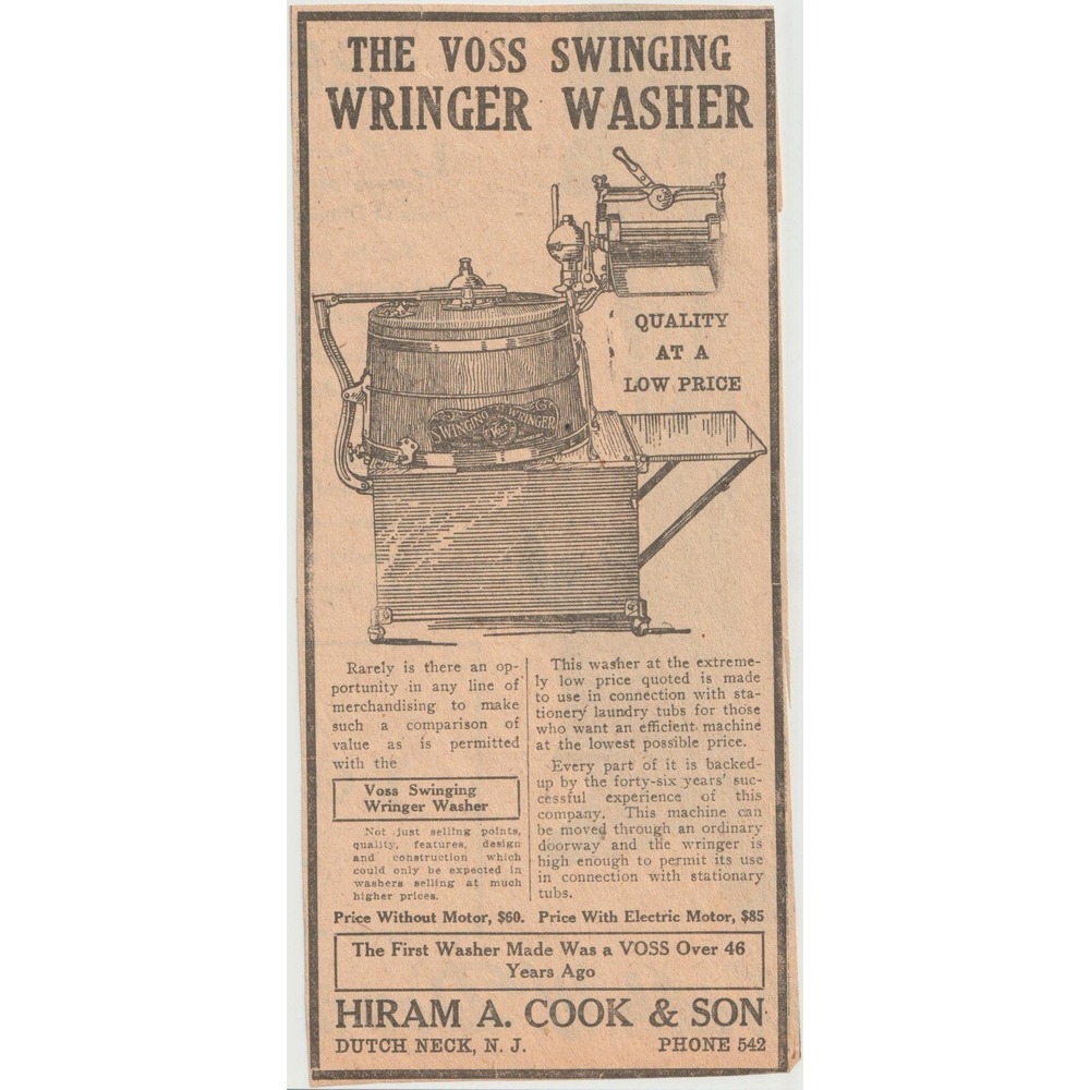 Vintage Voss Swinging Wringer Washer Newspaper Ad Hiram A Cook & Son Dutch Neck